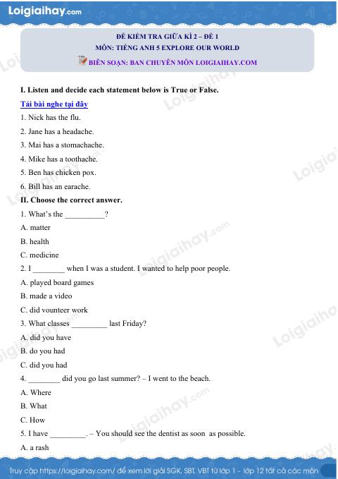 Đề thi giữa kì 2 Tiếng Anh 5 Explore Our World - Đề số 1